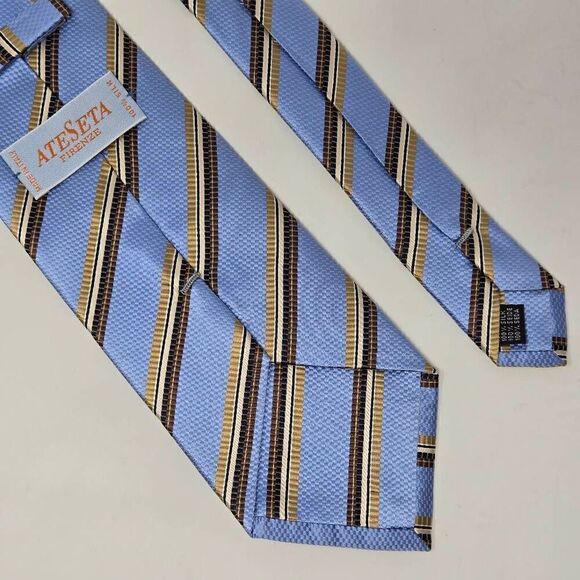 ATESETA FIRENZE ITALY SILK TIE BLUE TAN HEAVY LUXURY SATIN STRIPE 3.75" X 59" - Picture 2 of 2